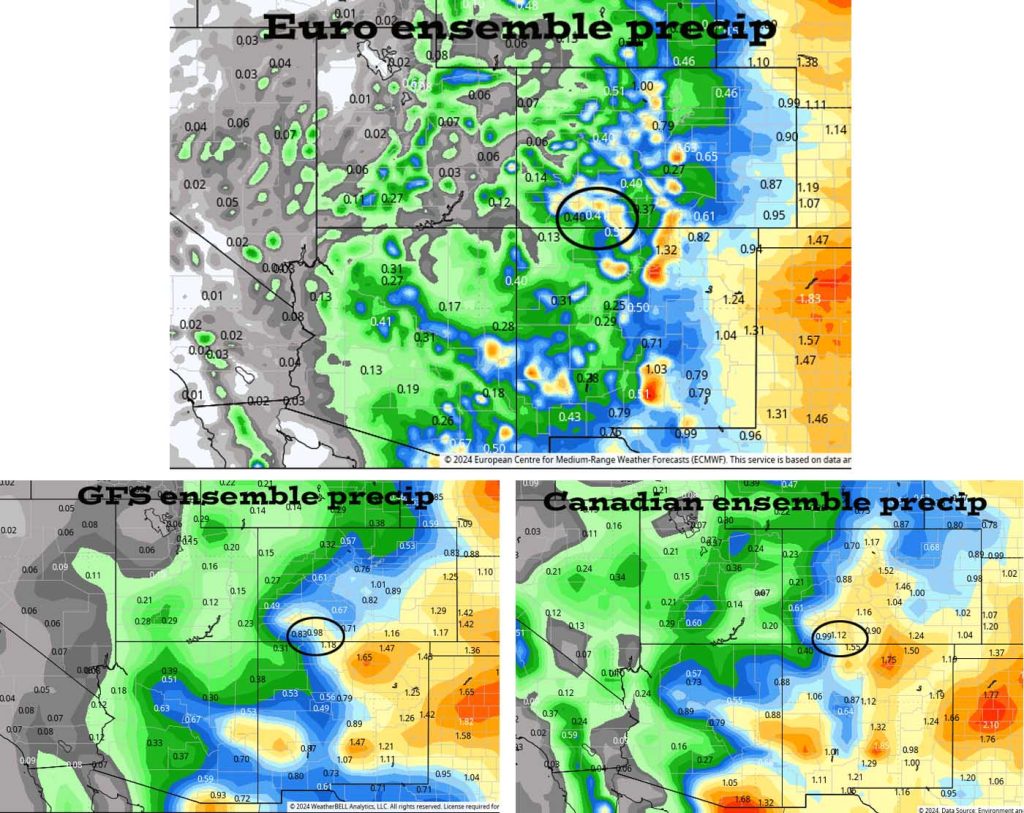 Dry and warm for a while… 5 Here are the 3 primary ensemble forecast models for precip to the evening of 17 July… Euro: 0.41”, GFS: 0.98”, Canadian: 1.12”. Right now I’m leaning towards the Euro.