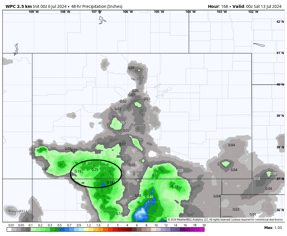 WPC precip for Thursday and Friday shows 0.25” in the Pagosa area. I think this is possible for a few lucky spots, but most folks will get less.