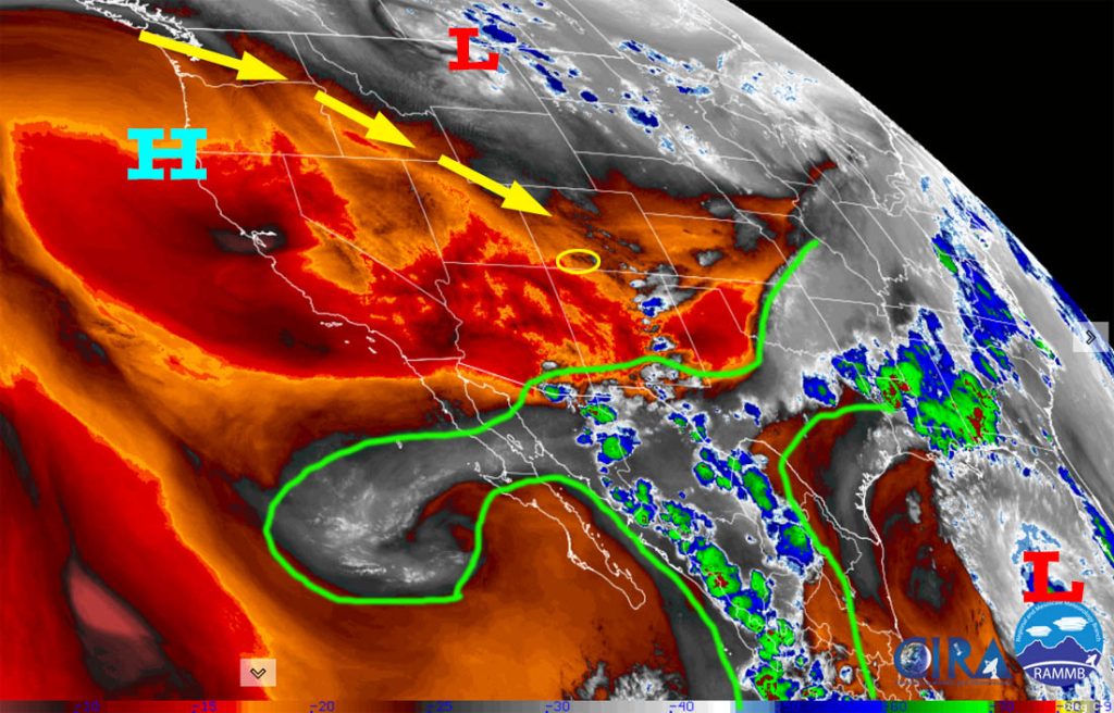 Water vapor satellite this afternoon – The high off the northern CA coast is the main influence on our weather.  Upper-level northwest flow is keeping us dry and has pushed the monsoon moisture – outlined in green - to our south and east. Hurricane Beryl is in the bottom right. We will not get any of its moisture.