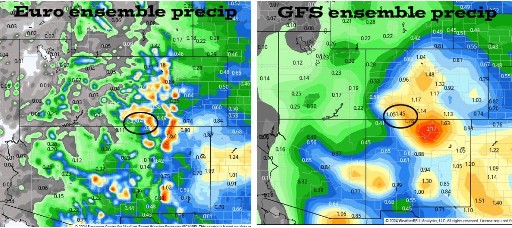 Euro ensemble precip on the left to 6am 22 Jul expects 0.47” while GFS ensemble precip on the right expects 1.45”.  That’s a big difference, but it’s all convective showery precip so amounts will vary that much. Overall, I expect most of us to end up in the lower range. We need the high to wobble to our east to push stronger monsoon moisture into our area.