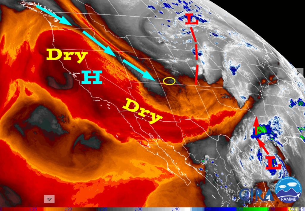 Water vapor satellite this afternoon – The high over central CA is pushing dry, stable air into the Four Corners region. “Beryl” in the bottom right, will not push any moisture into our area.