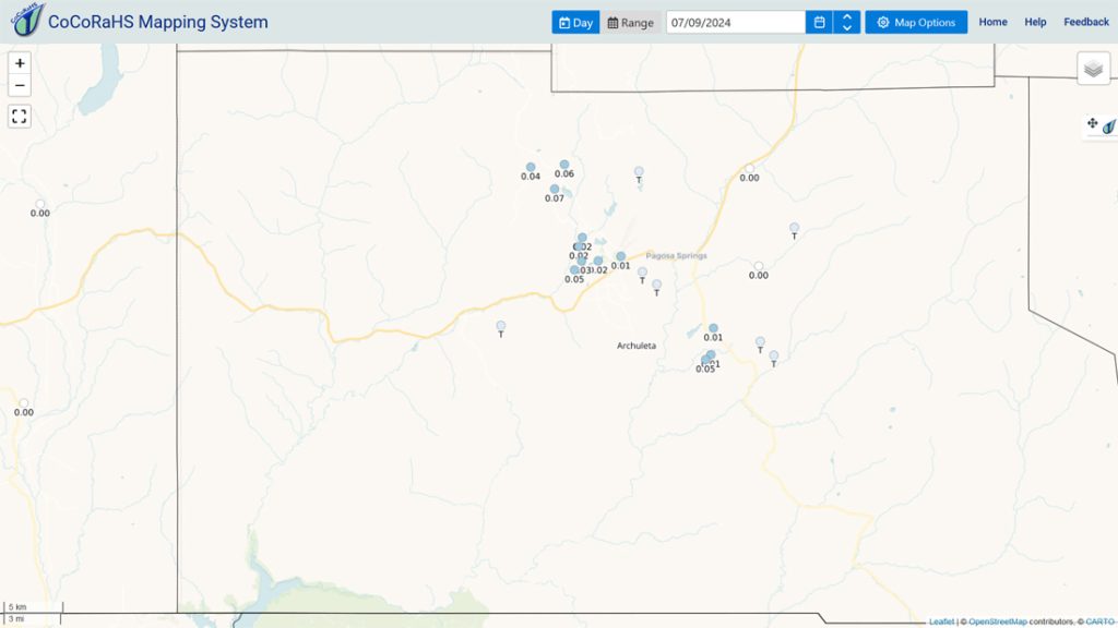 Scattered afternoon and early evening showers and thunderstorms… 1 CoCoRaHS 24-hour precip reports this morning range from zero to 0.07”. Robet was the rain lottery winner near Hatcher Lake. It’s not much, but it’s a start.