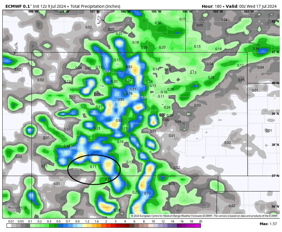 Scattered afternoon and early evening showers and thunderstorms… 4 Euro precip to 6pm next Tuesday evening expects 0.11” in the Pagosa area. Any single storm can drop this amount over a small area. Lucky folks could get up to 0.50” during the next week. Amounts will vary considerably. Other forecast models precip total for the same period: GFS: 0.15”, WPC: 0.25”, NBM: 0.44”, Euro AI: 0.21”, Euro ensemble: 0.17”, GFS ensemble: 0.66”, Canadian ensemble: 0.87”.