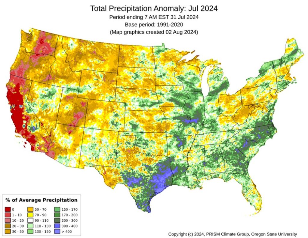 July mean precip anomalies were near average or slightly above of average for most of Archuleta County. 