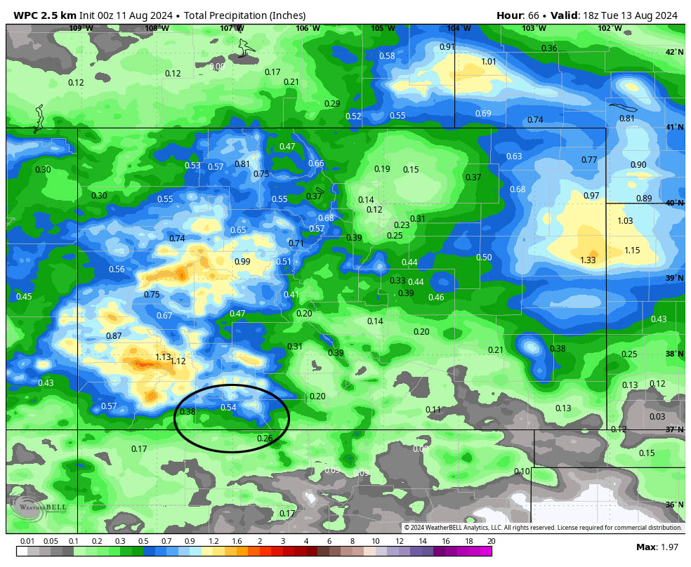 Impressive rain totals!… 7 NBM precip to late Tuesday evening expects 0.54” in the Pagosa area. Precip amounts will vary considerably.