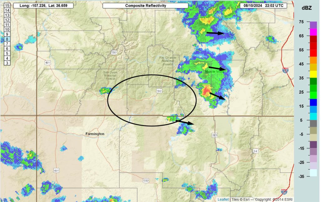 Impressive rain totals!… 6 Radar at 4:02pm Saturday afternoon – Shower activity has been minimal over Archuleta County. I expect a storms to develop this evening but they’ll be hit and miss. Storms will move west to east or towards the east-southeast.