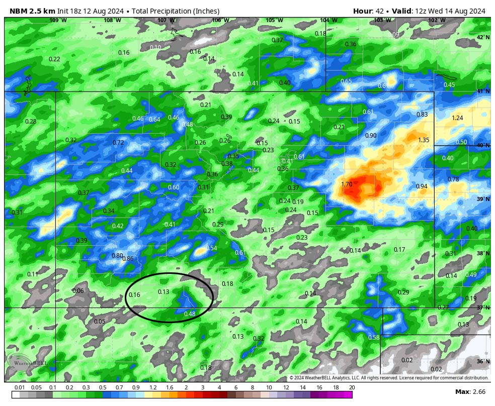 NBM precip to 6am Wednesday evening expects 0.13” in the Pagosa area. Precip amounts will vary.