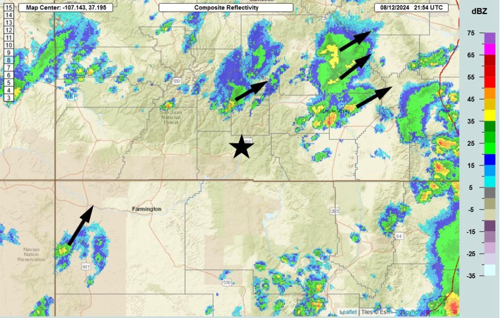 Radar at 3:54pm Monday afternoon – Cells are developing on the other side of The Divide and moving towards the northeast.