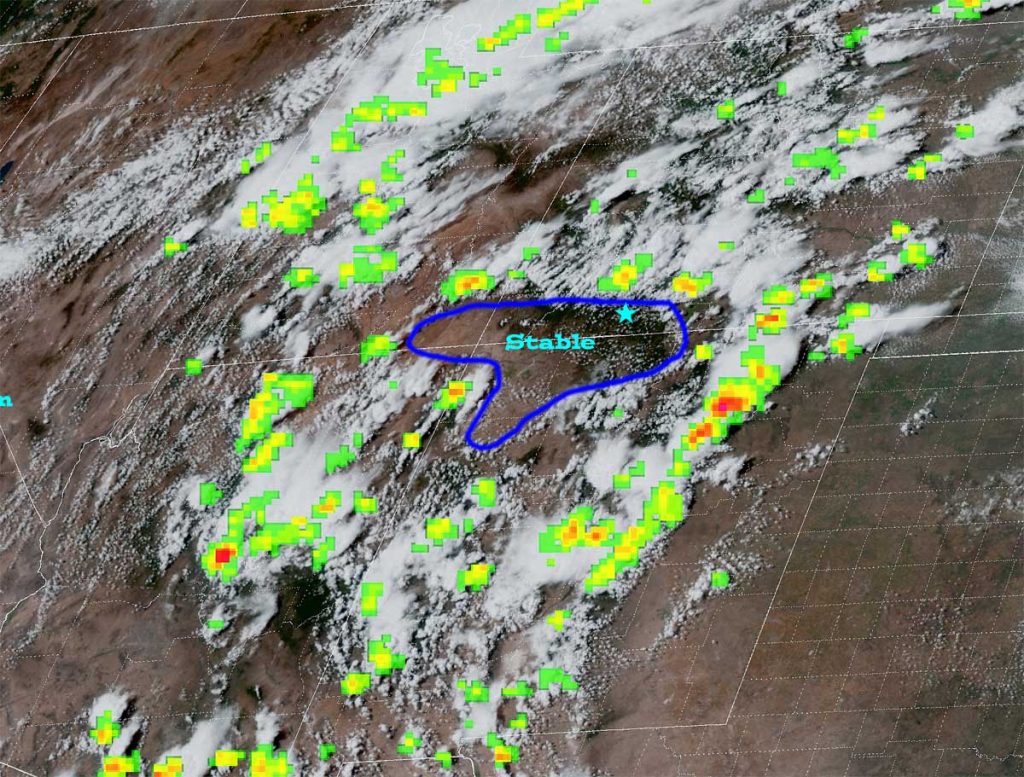 Satellite and lightning at 3:40pm Monday afternoon – Just like the last 2 days, we are in a little stable bubble with storms developing around us.