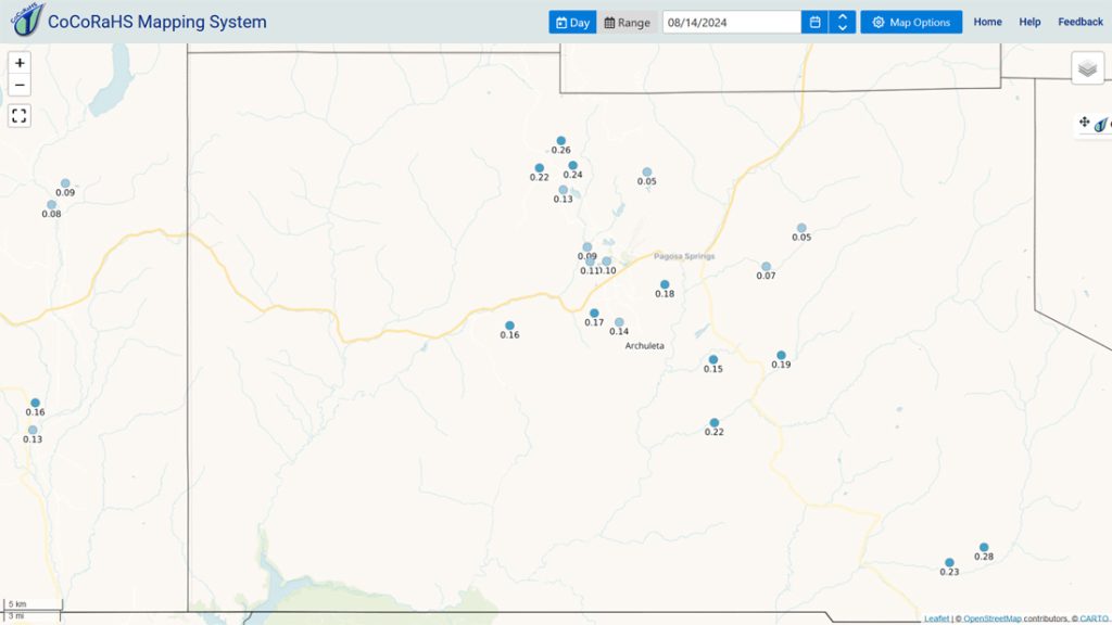 Now we dry out… 2 CoCoRaHS 24-hour precip reported Wednesday morning ranged from 0.05” to 0.28”. The rain lottery winner was Robyn near Chromo.