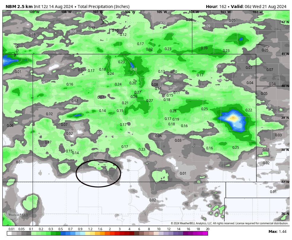 Now we dry out… 6 NBM precip for this period shows no precip for Pagosa and less than 0.10” along the mountains. I expect very little precip during this period.
