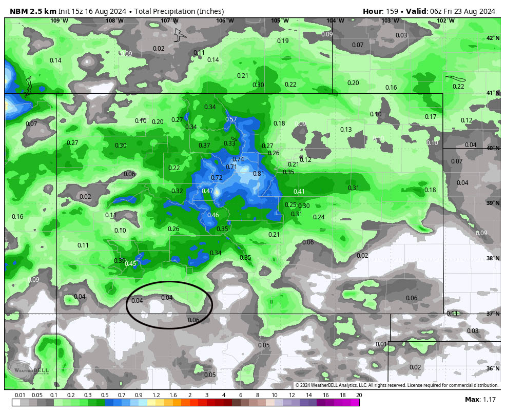NBM precip for this period shows 0.04” precip for Pagosa and up to 0.10” along the mountains. Precip will be spotty and amounts will be low during this period.