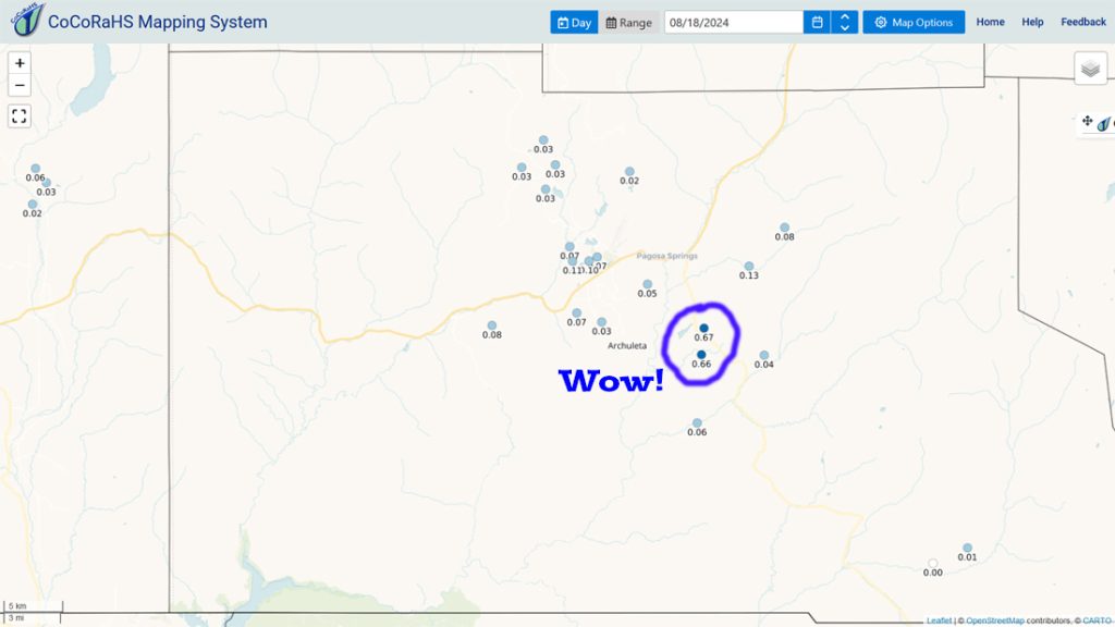 Potential soaking Thursday, Friday, and Saturday… 1 CoCoRaHS 24-hour precip reports from this morning ranged from zero to 0.67”. The big rain lottery winners were Sarah and Dara in the Echo Canyon area.