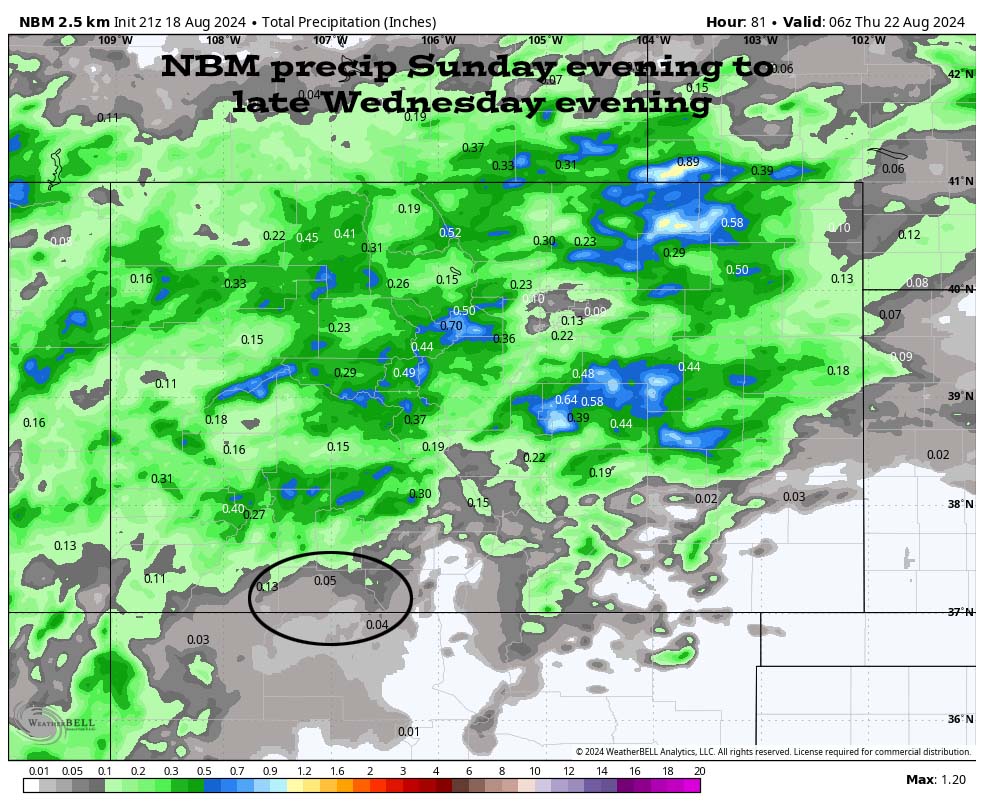 Potential soaking Thursday, Friday, and Saturday… 4 NBM precip through late Wednesday evening shows 0.05” for Pagosa.