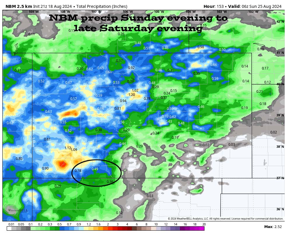 Potential soaking Thursday, Friday, and Saturday… 5 NBM precip through late Saturday evening shows 0.49” for Pagosa.