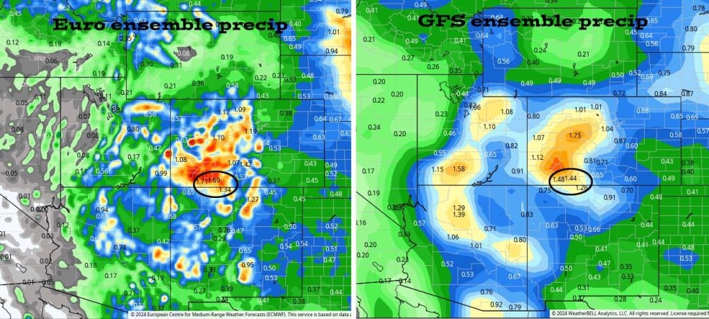 Potential soaking Thursday, Friday, and Saturday… 6 The Euro ensemble precip to 2 Sep at 6am on the left expects 1.69” in the Pagosa area while GFS on the right expects 1.44”. Most of this is expected Thursday, Friday, and Saturday and then the last 5 days or so of this period. It’s all convective afternoon showery precip so amounts will vary considerably.