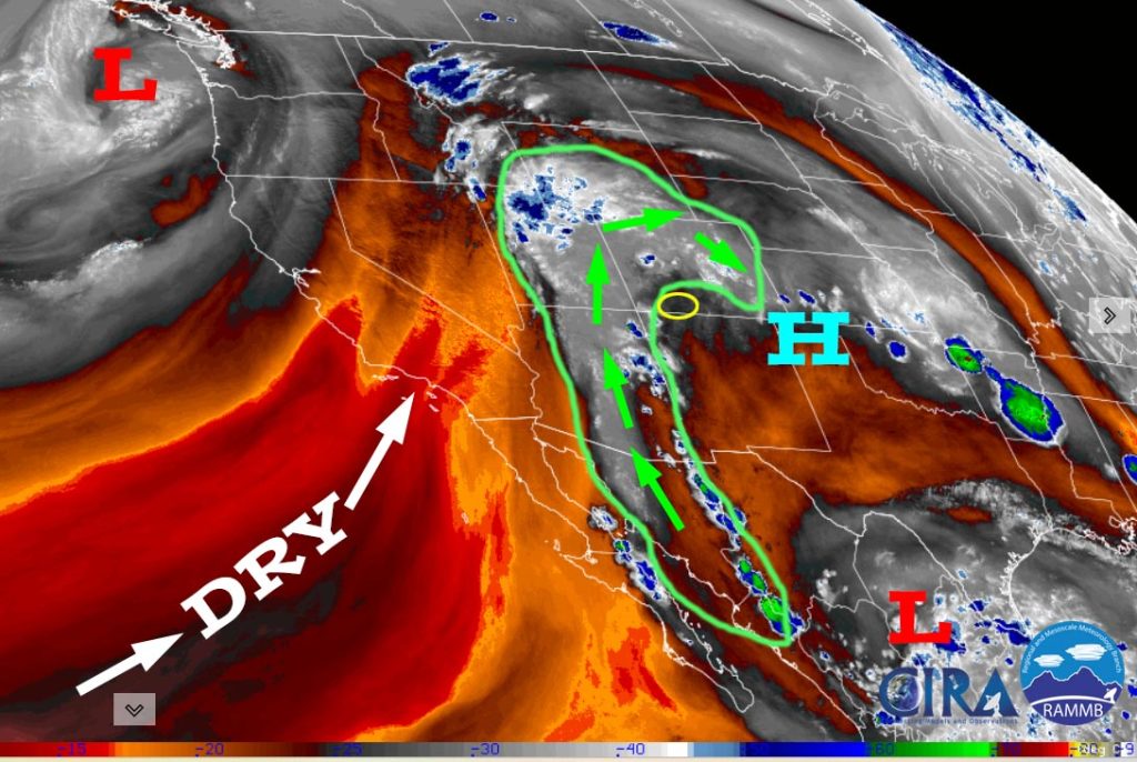 Potential soaking Thursday, Friday, and Saturday… 2 Water vapor satellite Sunday afternoon – The high is over the TX panhandle. We’re on the eastern edge of a weak monsoon moisture plume (circled in green with green arrows showing the flow).