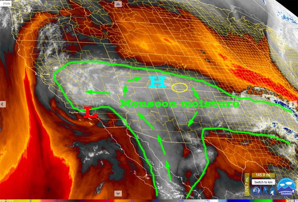 Water vapor satellite Friday morning – A weak low is spinning near the southern CA coast. The subtropical high is wobbling over the Four Corners area. Clockwise flow around the high is pushing a monsoon moisture plume into the region – outlined in green.