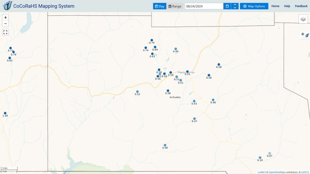 Two more soggy days… 1 CoCoRaHS 24-hour precip reports from this morning ranged from 0.07” to 0.74”. The rain lottery winners were Arleen and Gerry north of Turkey Springs.