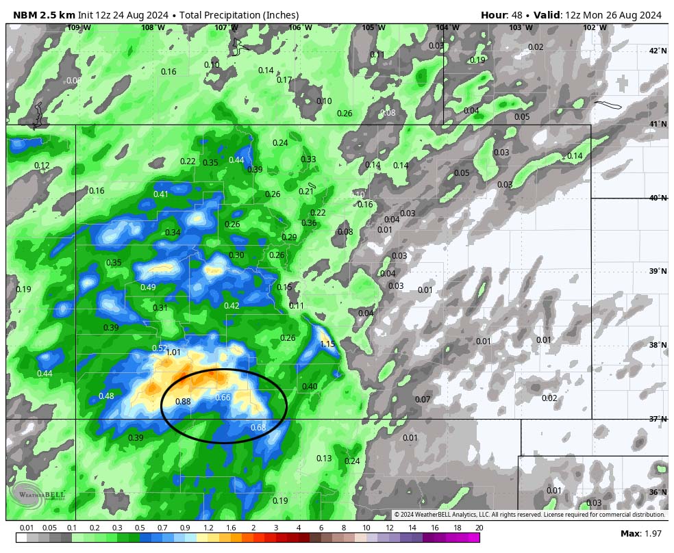 Two more soggy days… 5 NBM precip to 6am Monday expects 0.66” in the Pagosa area. This looks good to me.
