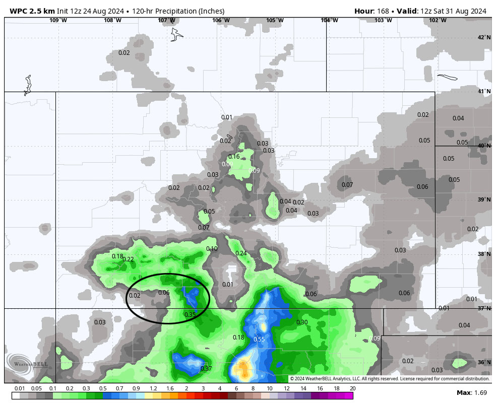 Two more soggy days… 6 WPC precip for this period shows less than 0.10” in the Pagosa area. Any single storm will produce this much over a small area so I expect to see higher amounts.