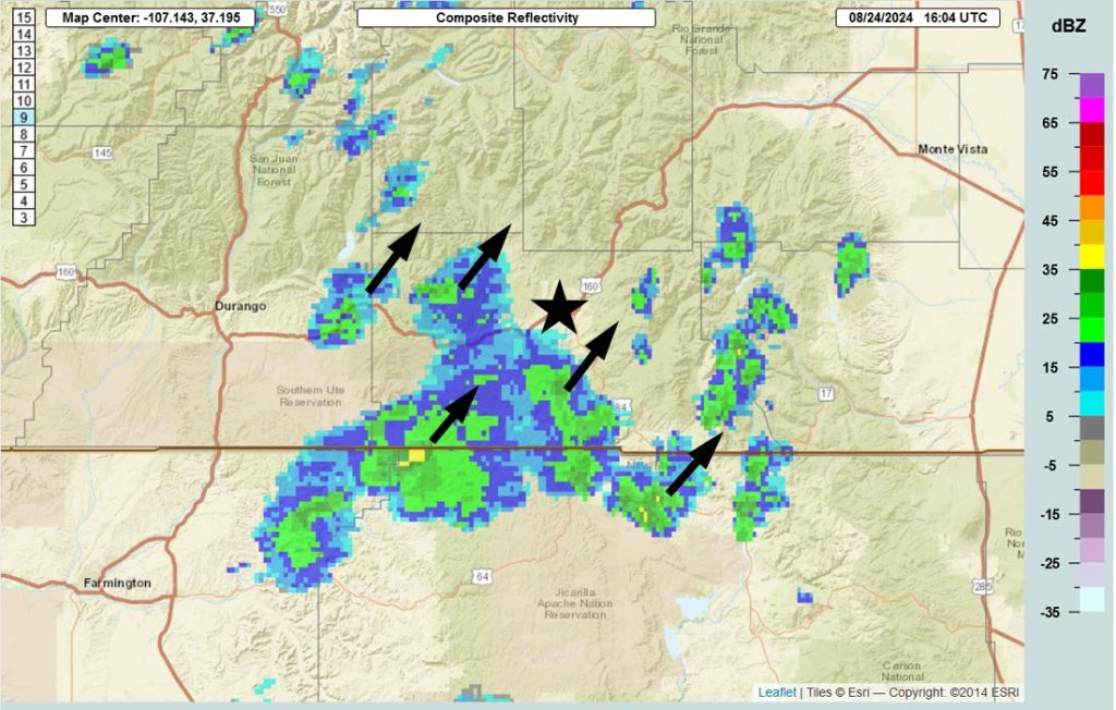 Two more soggy days… 4 Radar at 10:04am Saturday – a few scattered showers and thunderstorms are moving towards the northeast across parts of Archuleta County.
