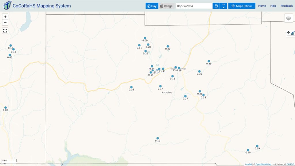CoCoRaHS 24-hour precip reports from Sunday morning ranged from 0.04” to 0.39”. The rain lottery winner was Mike in the upper Mill Creek area.
