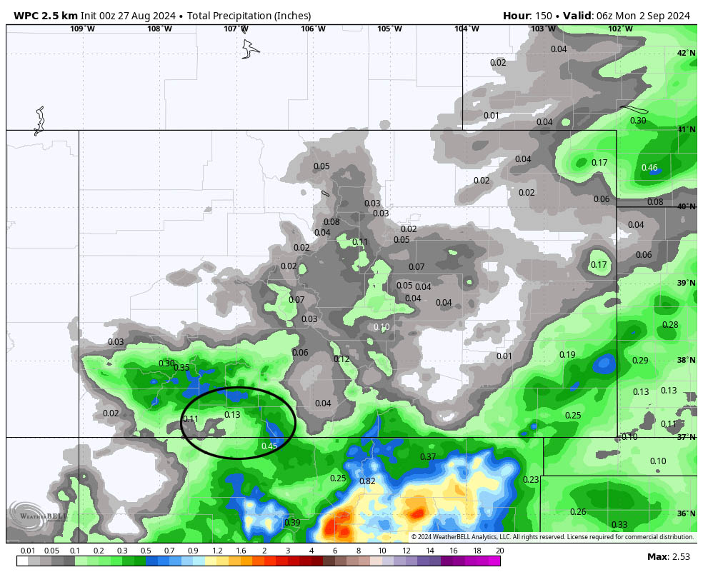 WPC precip for this period shows 0.13” in the Pagosa area. Storms each day will be isolated. Any single storm can drop this much rain, otherwise, expect this week to be mostly dry.