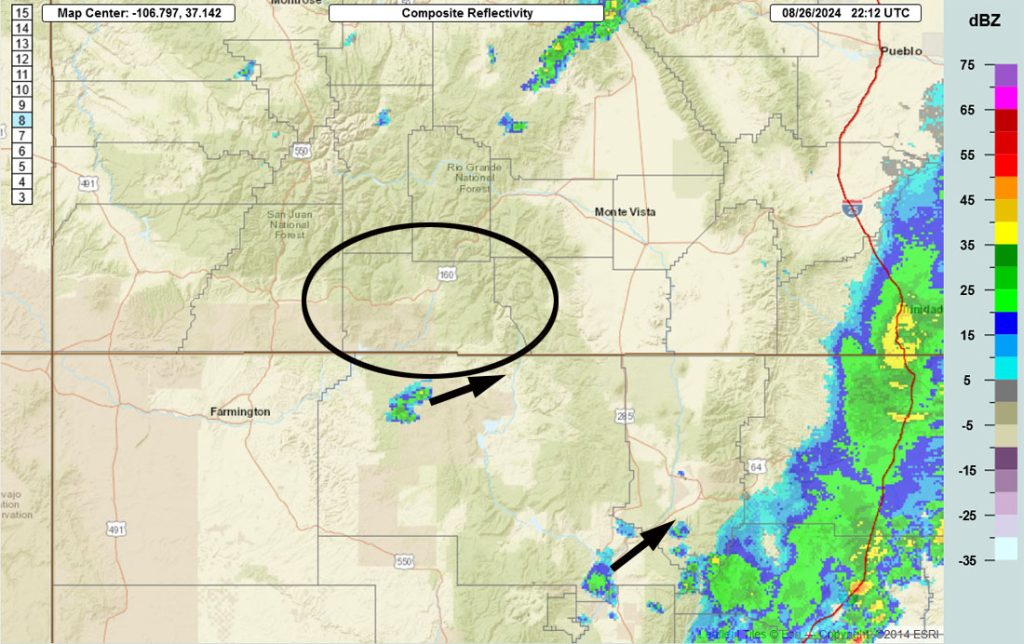 Radar at 4:12pm Monday – It’s quiet over Archuleta County. That little cell to our south is moving towards Dulce as I type. Most of the storm activity is along the I-25 corridor in southern CO and NM.