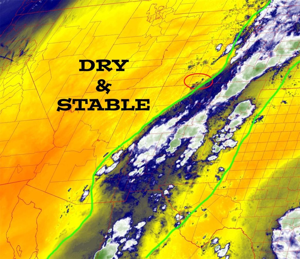 Water vapor satellite Monday afternoon – The monsoon moisture plume – outlined in green – is getting cut-off and pushed to our east. Drier and more stable air is moving in from the west.