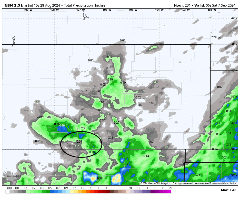Isolated afternoon storms… 3 NBM precip for this period shows 0.07” in the Pagosa area. Storms each day will be isolated. Any single storm can drop this much rain, otherwise, expect it to be mostly dry.