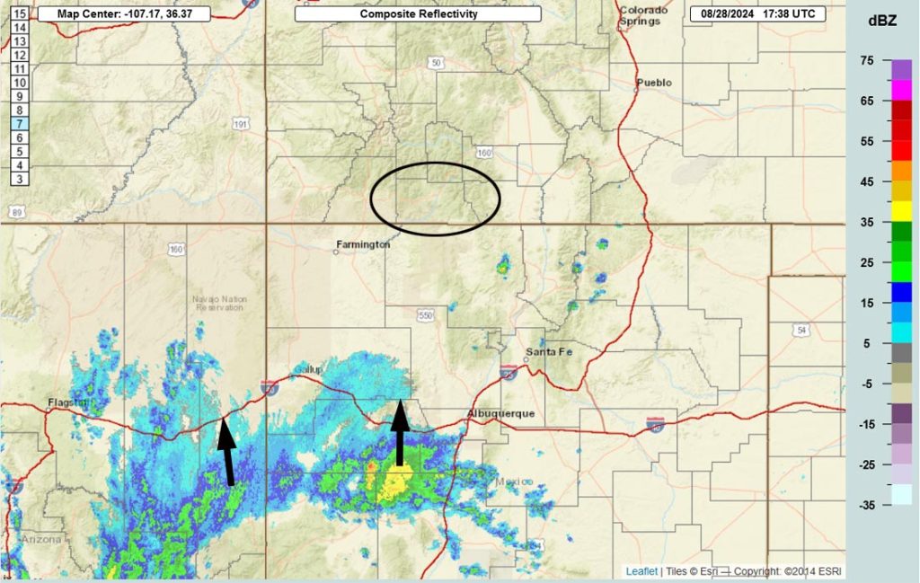 Isolated afternoon storms… 2 Radar at 11:38am Wednesday – A few small, isolated storms have popped up to our southeast over northern NM. The showers south of I-40 are moving north, but they won’t impact us.