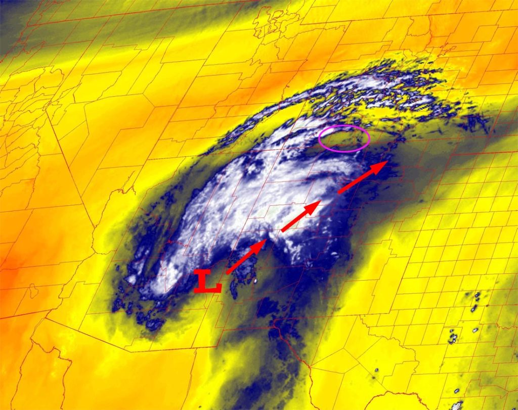 Isolated afternoon storms… 1 Water vapor satellite Wednesday afternoon – A weak low will move through our area from the south this evening. There is enough moisture and instability to kick up scattered storms later this afternoon and into the evening.
