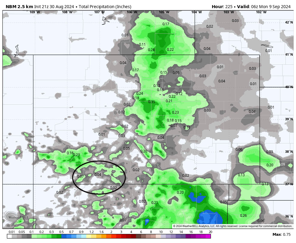 An isolated afternoon storm or two… 3 NBM precip for this period shows 0.04” in the Pagosa area. Storms each day will be isolated. Any single storm can drop this much rain, otherwise, expect it to be mostly dry.