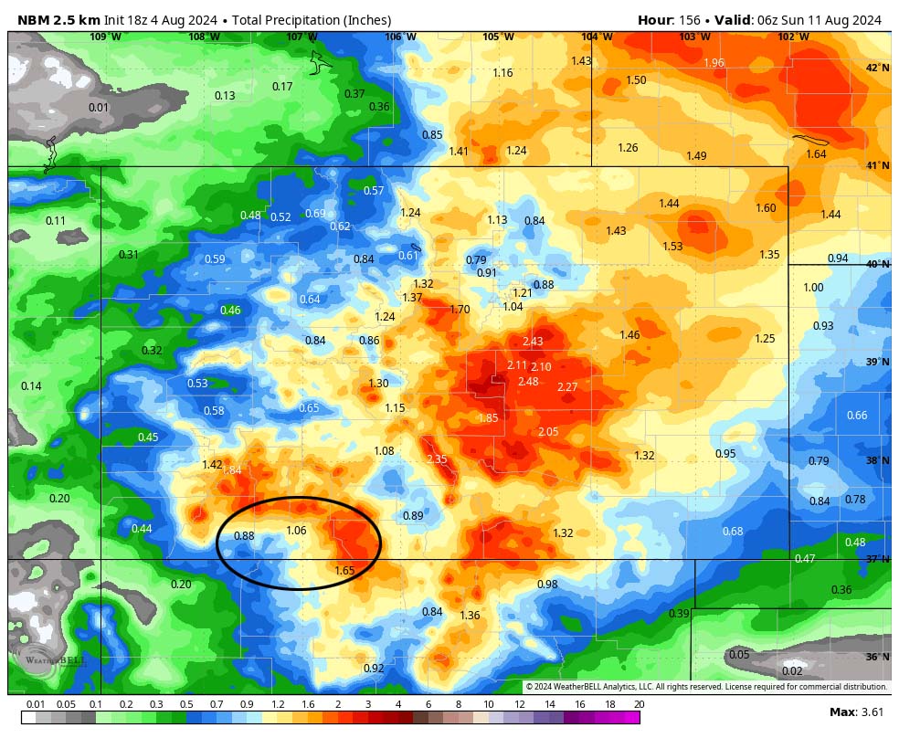 NBM precip to late Saturday evening expects 1.06” in the Pagosa area. I think this is a little high for most of us, but amounts will vary considerably.