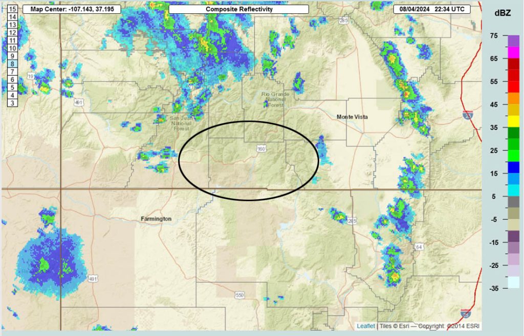 Radar Sunday afternoon at 4:34pm – Things have been quiet over Archuleta County this afternoon.