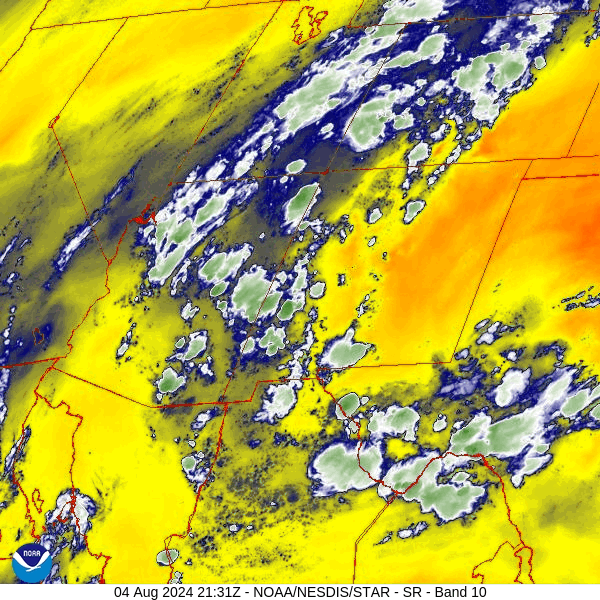 Water vapor satellite loop 3:00pm to 4:30pm Sunday afternoon – The high is nearly over our heads and limiting storm activity in our area. So far on Sunday afternoon, storms have been on the other side of The Divide.