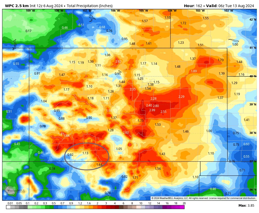 It’s time for rain dances!… 3 WPC precip to late Monday evening expects 1.13” in the Pagosa area. Precip will vary considerably. I won’t be surprised to see a single storm drop nearly an inch over a small area in just a short period.