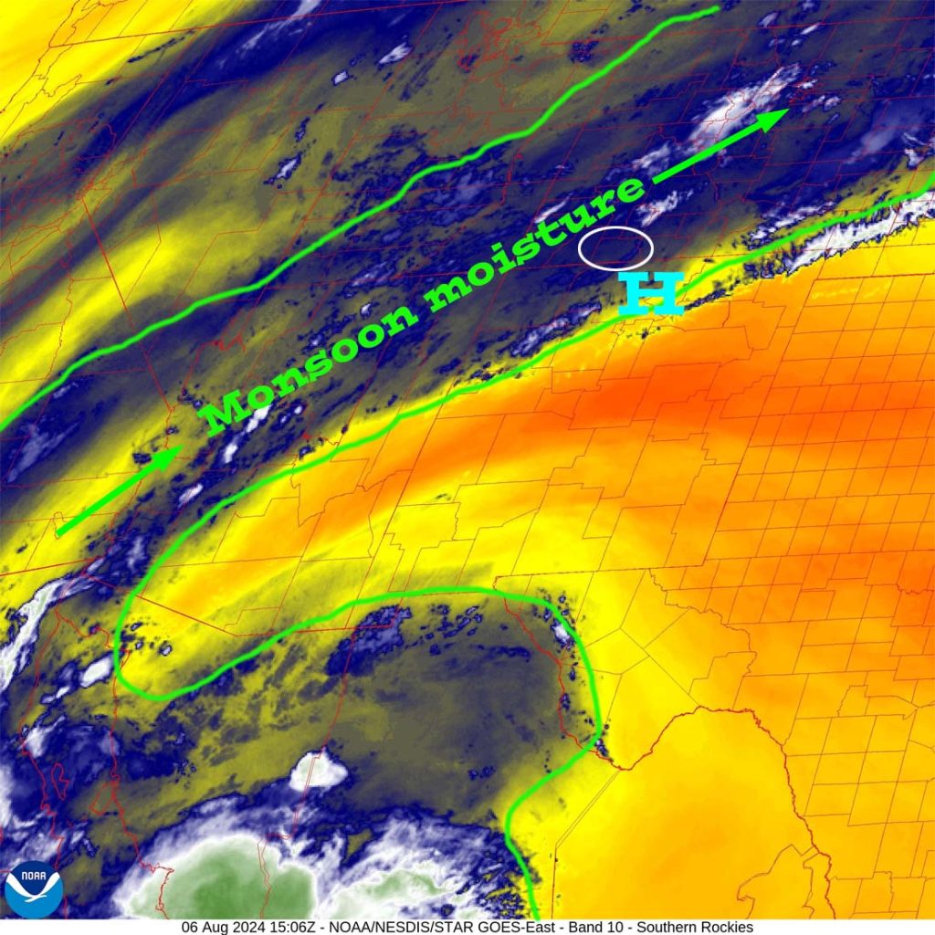 It’s time for rain dances!… 2 Water vapor satellite Tuesday morning – The high has slipped to our southeast and the monsoon moisture plume is over our heads (outlined in green).