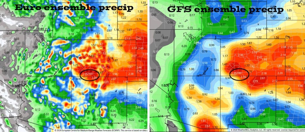 Ingredients are in place for good a soaking… 6 Euro ensemble precip on the left to 6pm 22 Aug expects 2.63” while GFS ensemble precip on the right expects 2.60”. It’s all convective showery precip, so amounts will vary considerably.