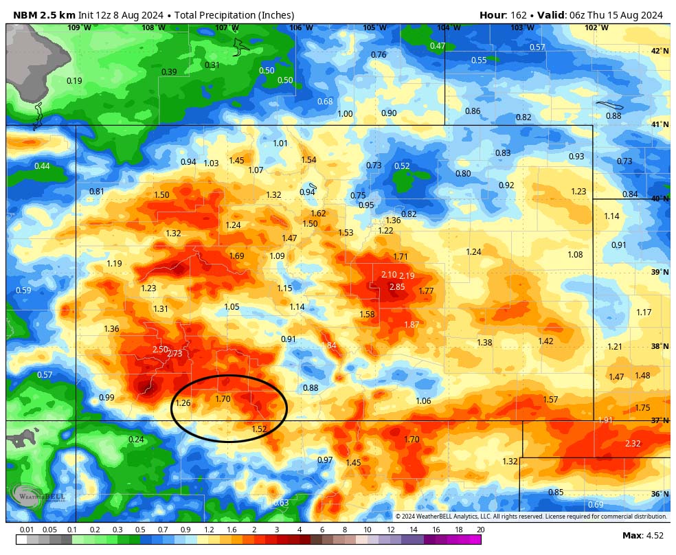 Ingredients are in place for good a soaking… 5 NBM precip to late Wednesday evening expects 1.70” in the Pagosa area. Precip will vary considerably. I won’t be surprised to see a single storm drop nearly an inch over a small area in just a short period.