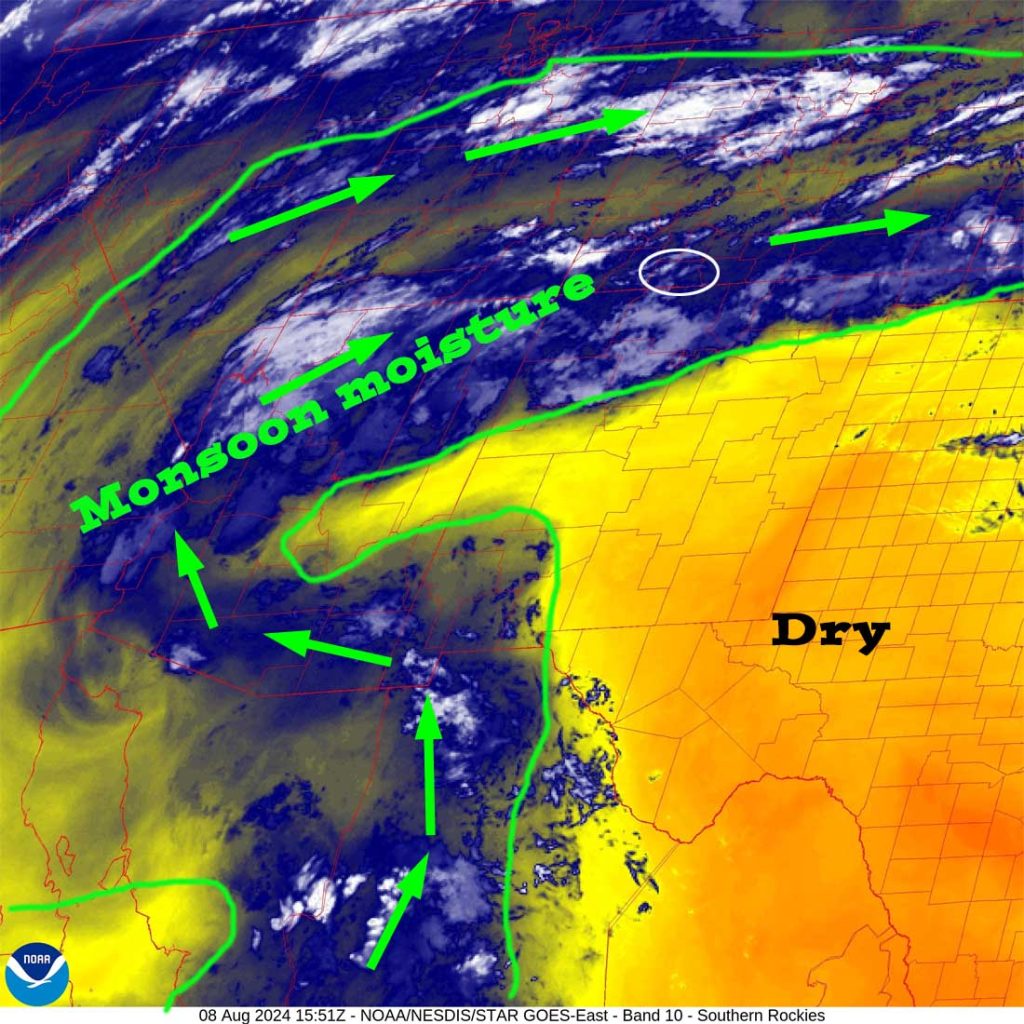 Ingredients are in place for good a soaking… 4 Water vapor satellite Thursday morning – The heart of the monsoon moisture plume is over our heads and will stick with us into Sunday evening.