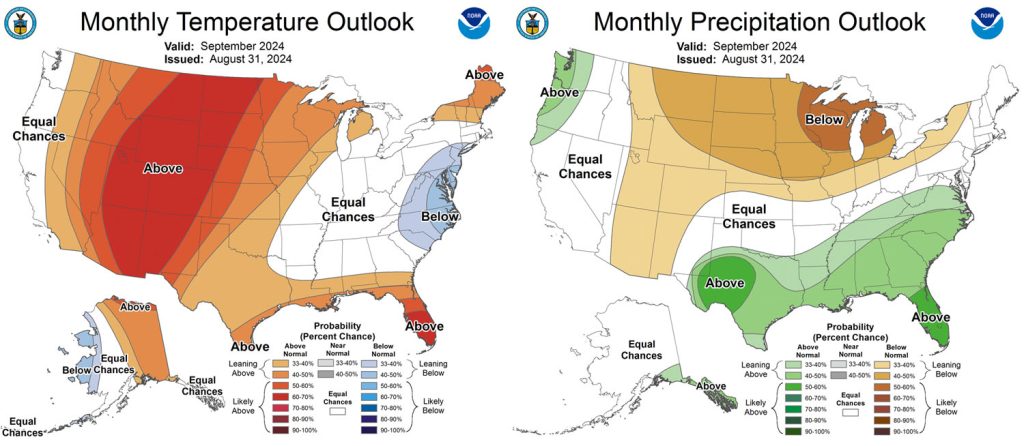 Pagosa Weather AUGUST SUMMARY & September Outlook 8 The CPC temp outlook for September on the left shows a 60-70% chance for above average temps.
The precip outlook on the right expects a 33-40% chance for below average precip.