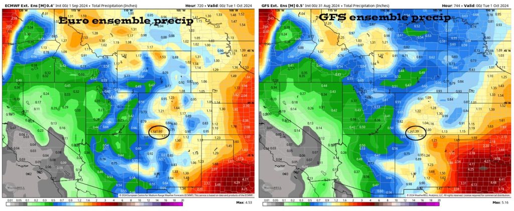 Pagosa Weather AUGUST SUMMARY & September Outlook 9 Euro ensemble precip on the left expects 1.60″ of precip for September and the GFS ensemble precip on the right expects 1.39″ – Both models expect less than the average of 2.00″.
