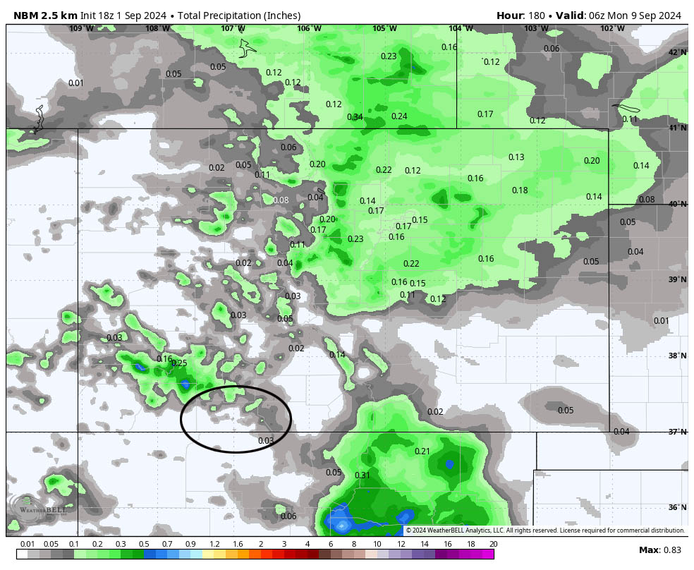 Same ole persistent weather pattern… 3 NBM precip for this period shows less than 0.05” in the Pagosa area. Storms each day will be isolated. Any single storm can drop this much rain, otherwise, expect it to be mostly dry.