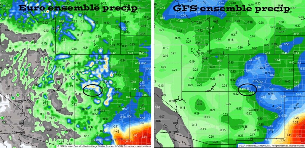 Same ole persistent weather pattern… 4 The Euro ensemble precip to 16 Sep at 6am on the left expects 0.52” in the Pagosa area while GFS on the right expects 0.58”.