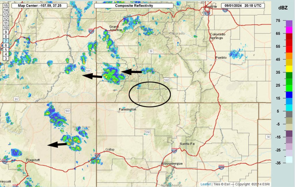 Same ole persistent weather pattern… 2 Radar at 2:18pm Sunday – It’s quiet over Archuleta County. I expect a few isolated storms to develop later this afternoon. They’ll move “backwards” or east to west.
