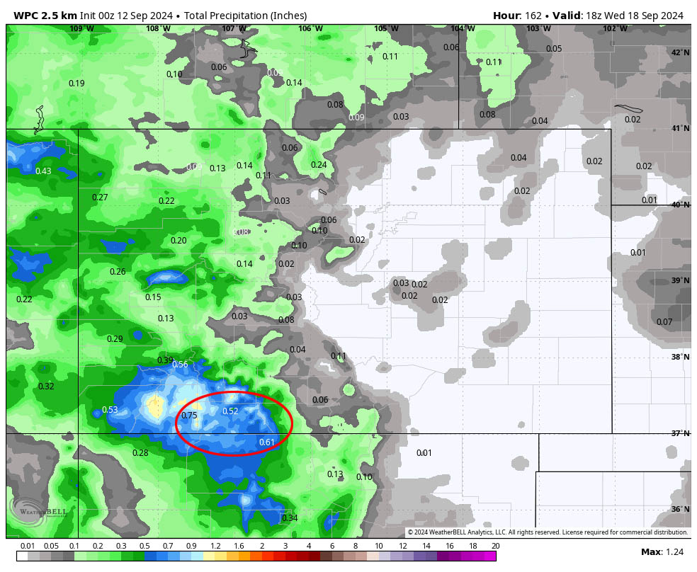 Clearing skies tonight – chilly tomorrow morning and then a breezy afternoon… 4 WPC precip to noon next Wednesday shows 0.52” for Pagosa and up to 1” in our mountains.
