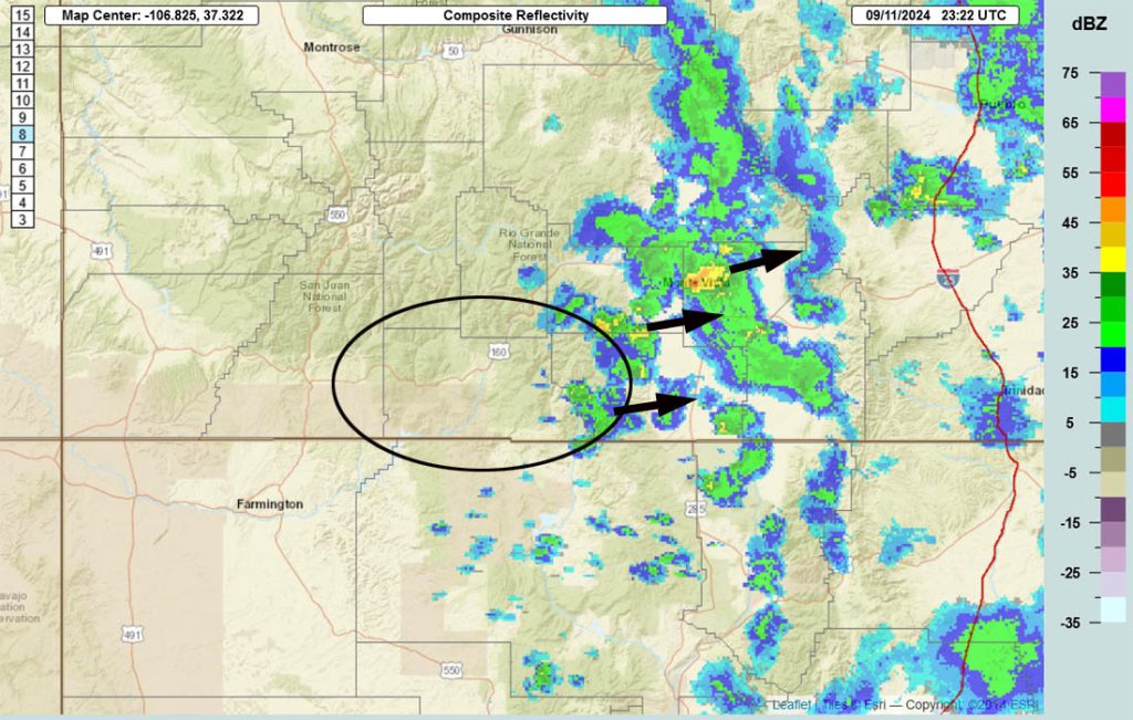 Clearing skies tonight – chilly tomorrow morning and then a breezy afternoon… 3 Radar at 5:22pm Wednesday – The last few scattered showers are exiting Pagosa Country to the east.