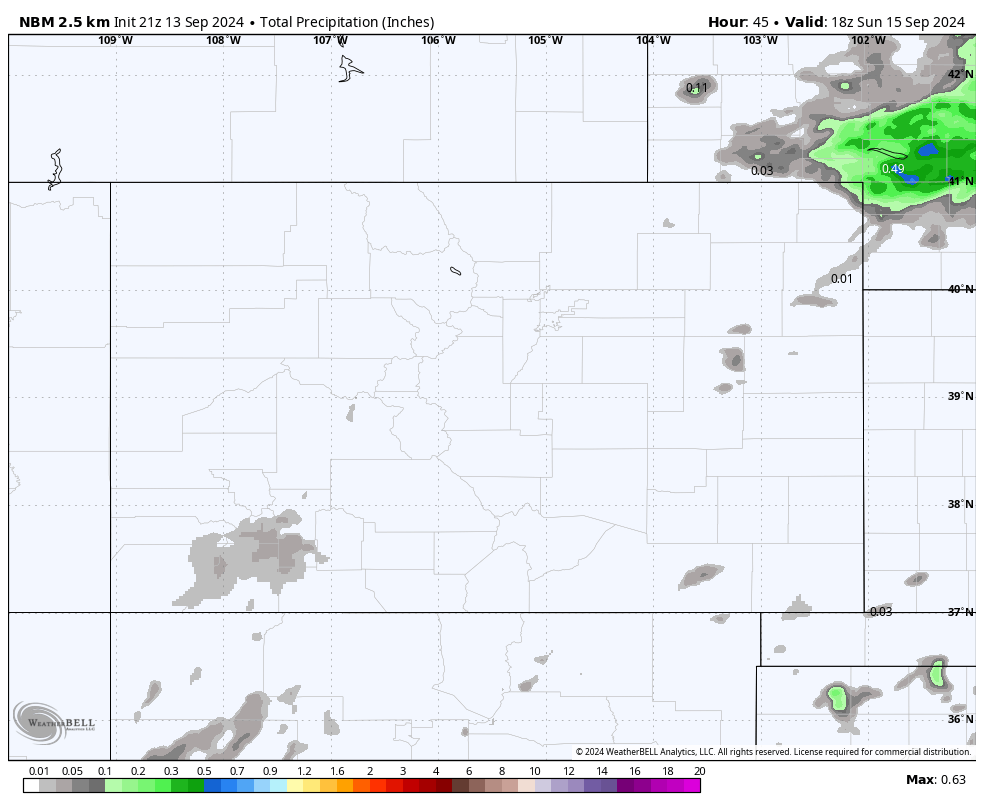 A good fall soaking Sunday night to Tuesday afternoon… 3 NBM forecast precip loop starting Sunday at noon and ending Tuesday at 6pm – By the end of the period it shows 0.99” in the Pagosa area.